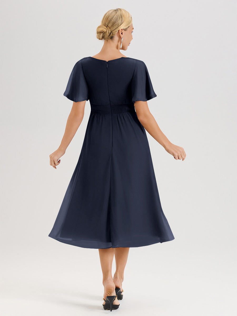 Cicinia Robe Mère De La Mariée Bleu Marine En Mousseline Avec Encolure Irrégulière Manches Courtes Longueur Mi-Mollet