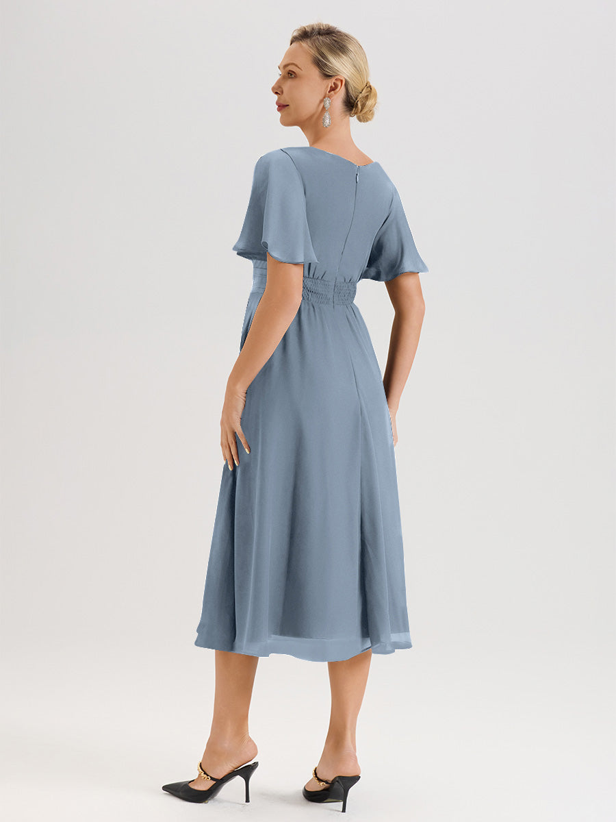 Cicinia Robe Mère De La Mariée Bleu Poussiéreux En Mousseline Avec Encolure Irrégulière Manches Courtes Longueur Mi-Mollet