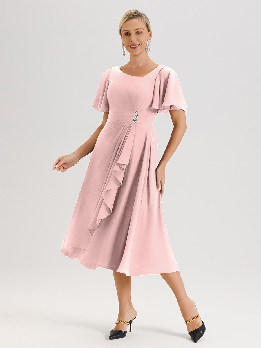Cicinia Robe Mère De La Mariée Rose Poussiéreux En Mousseline Avec Encolure Irrégulière Manches Courtes Longueur Mi-Mollet