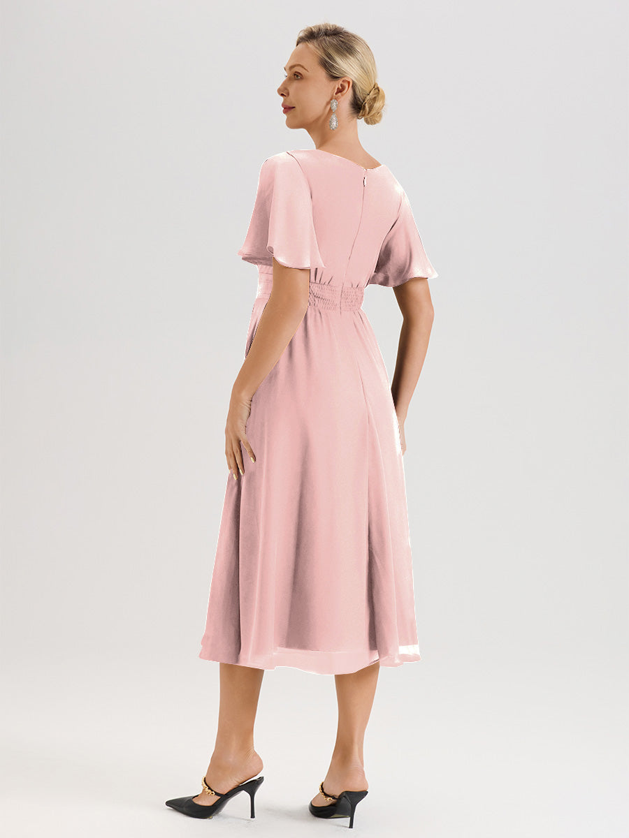 Cicinia Robe Mère De La Mariée Rose Poussiéreux En Mousseline Avec Encolure Irrégulière Manches Courtes Longueur Mi-Mollet