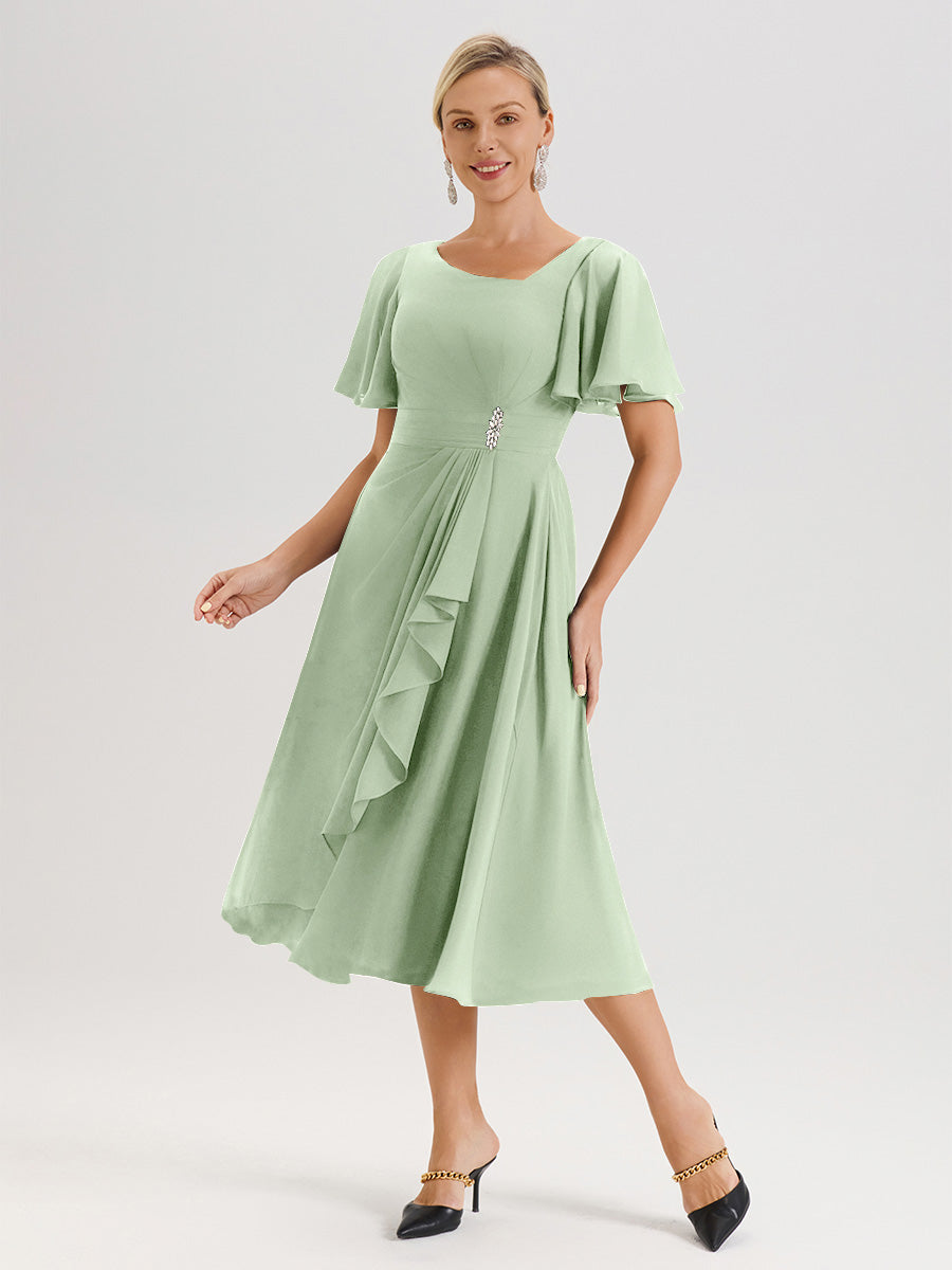 Cicinia Robe Mère De La Mariée De Sauge Poussiéreux En Mousseline Avec Encolure Irrégulière Manches Courtes Longueur Mi-Mollet