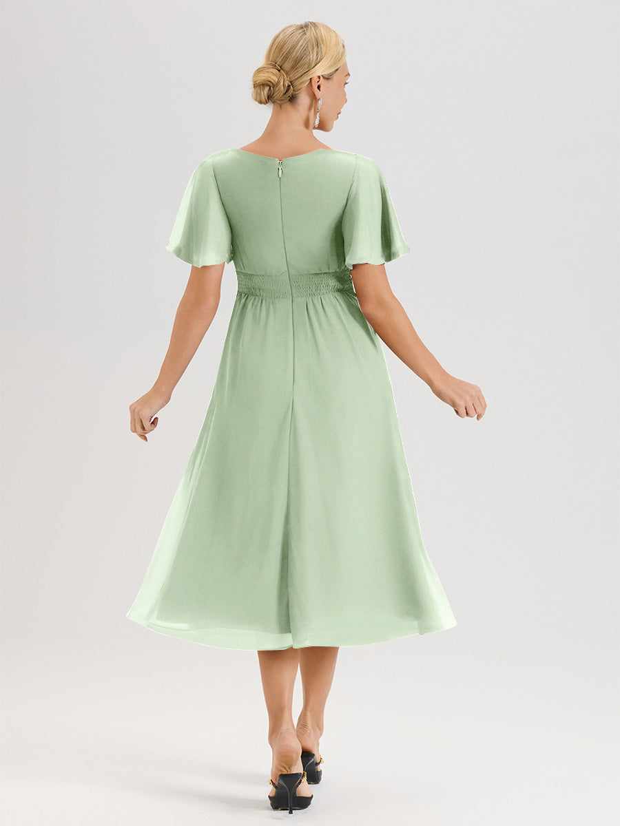 Cicinia Robe Mère De La Mariée De Sauge Poussiéreux En Mousseline Avec Encolure Irrégulière Manches Courtes Longueur Mi-Mollet