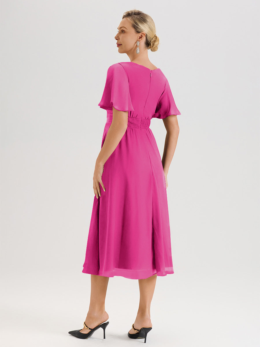 Cicinia Robe Mère De La Mariée Rose Fuchsia En Mousseline Avec Encolure Irrégulière Manches Courtes Longueur Mi-Mollet