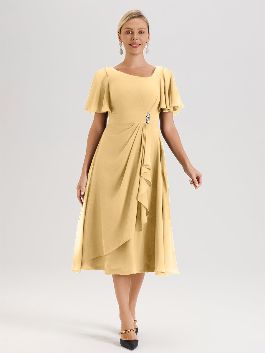 Cicinia Robe Mère De La Mariée En Or En Mousseline Avec Encolure Irrégulière Manches Courtes Longueur Mi-Mollet