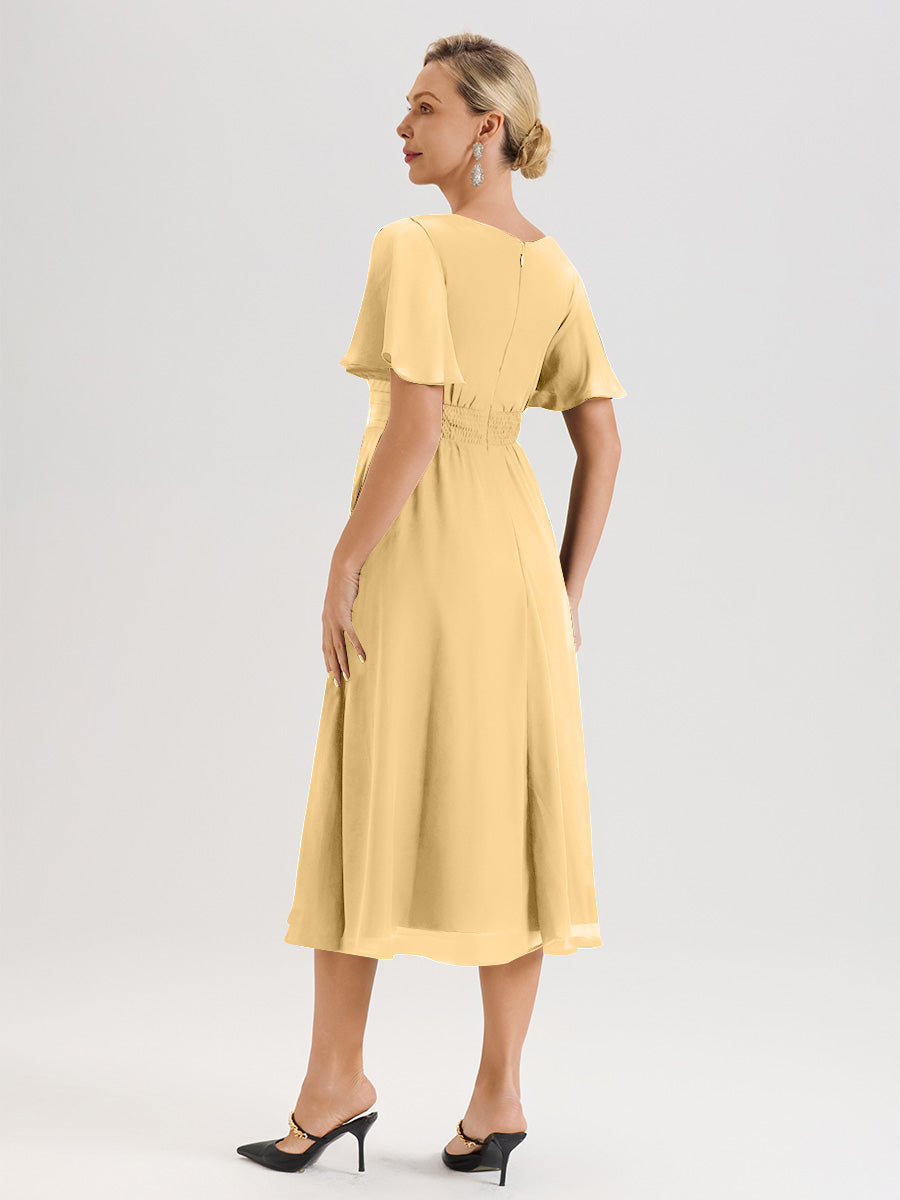 Cicinia Robe Mère De La Mariée En Or En Mousseline Avec Encolure Irrégulière Manches Courtes Longueur Mi-Mollet