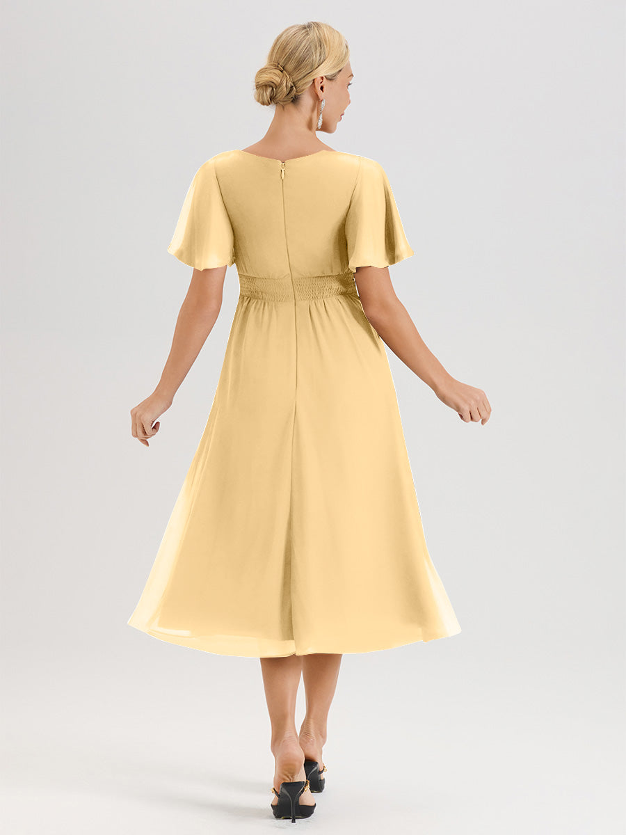 Cicinia Robe Mère De La Mariée En Or En Mousseline Avec Encolure Irrégulière Manches Courtes Longueur Mi-Mollet