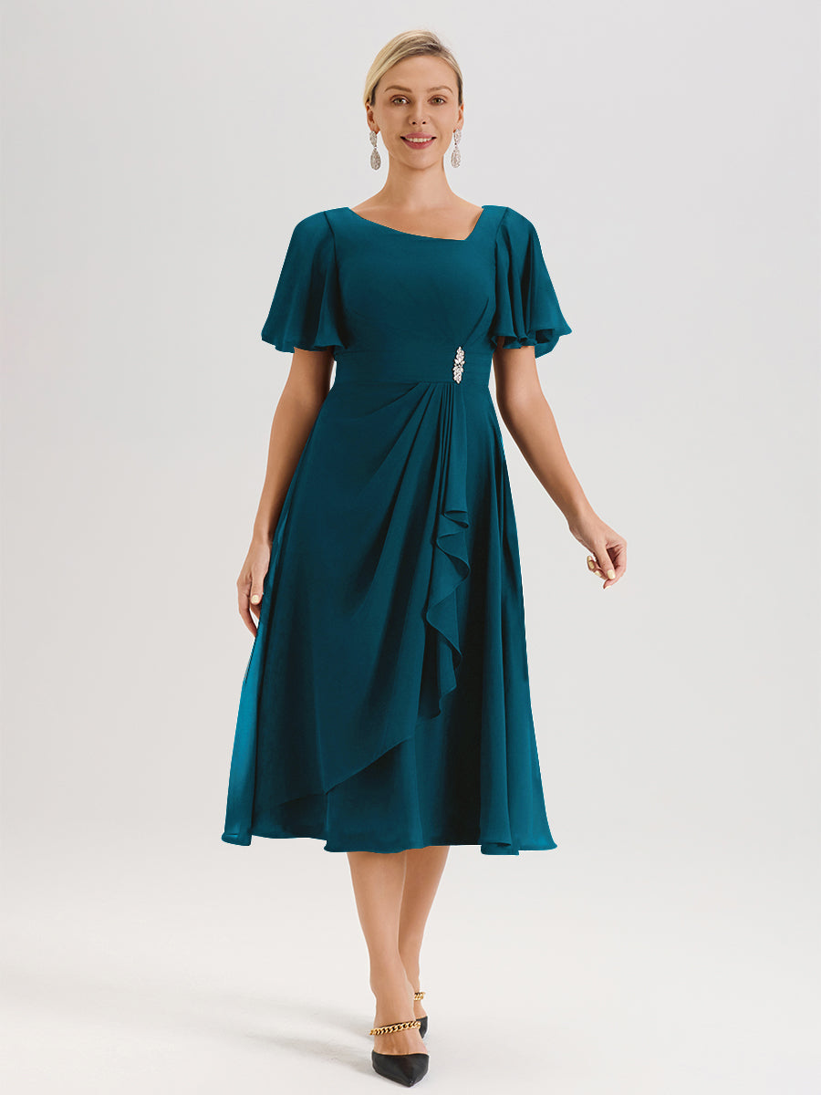 Cicinia Robe Mère De La Mariée Bleu Encre En Mousseline Avec Encolure Irrégulière Manches Courtes Longueur Mi-Mollet