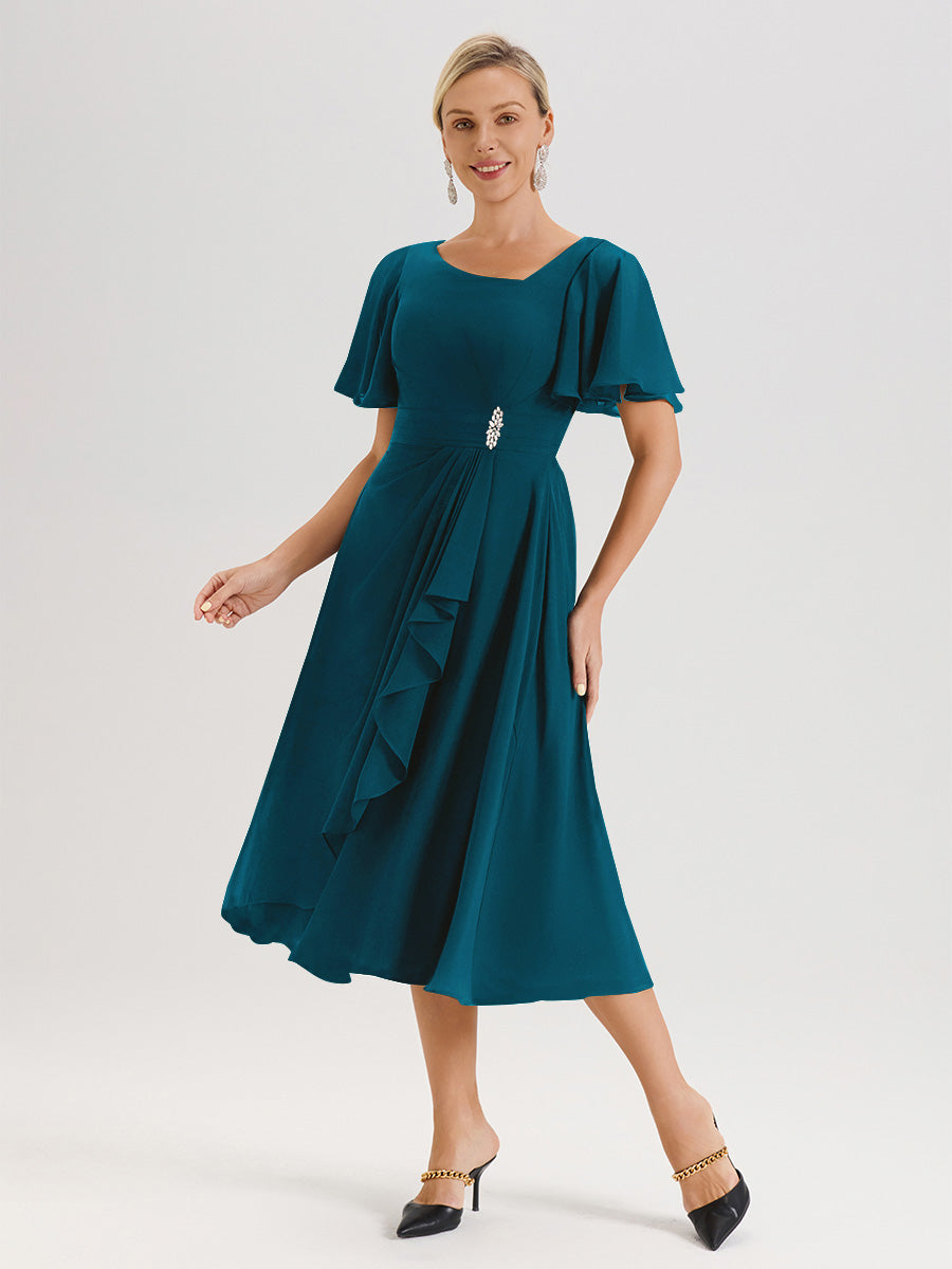 Cicinia Robe Mère De La Mariée Bleu Encre En Mousseline Avec Encolure Irrégulière Manches Courtes Longueur Mi-Mollet
