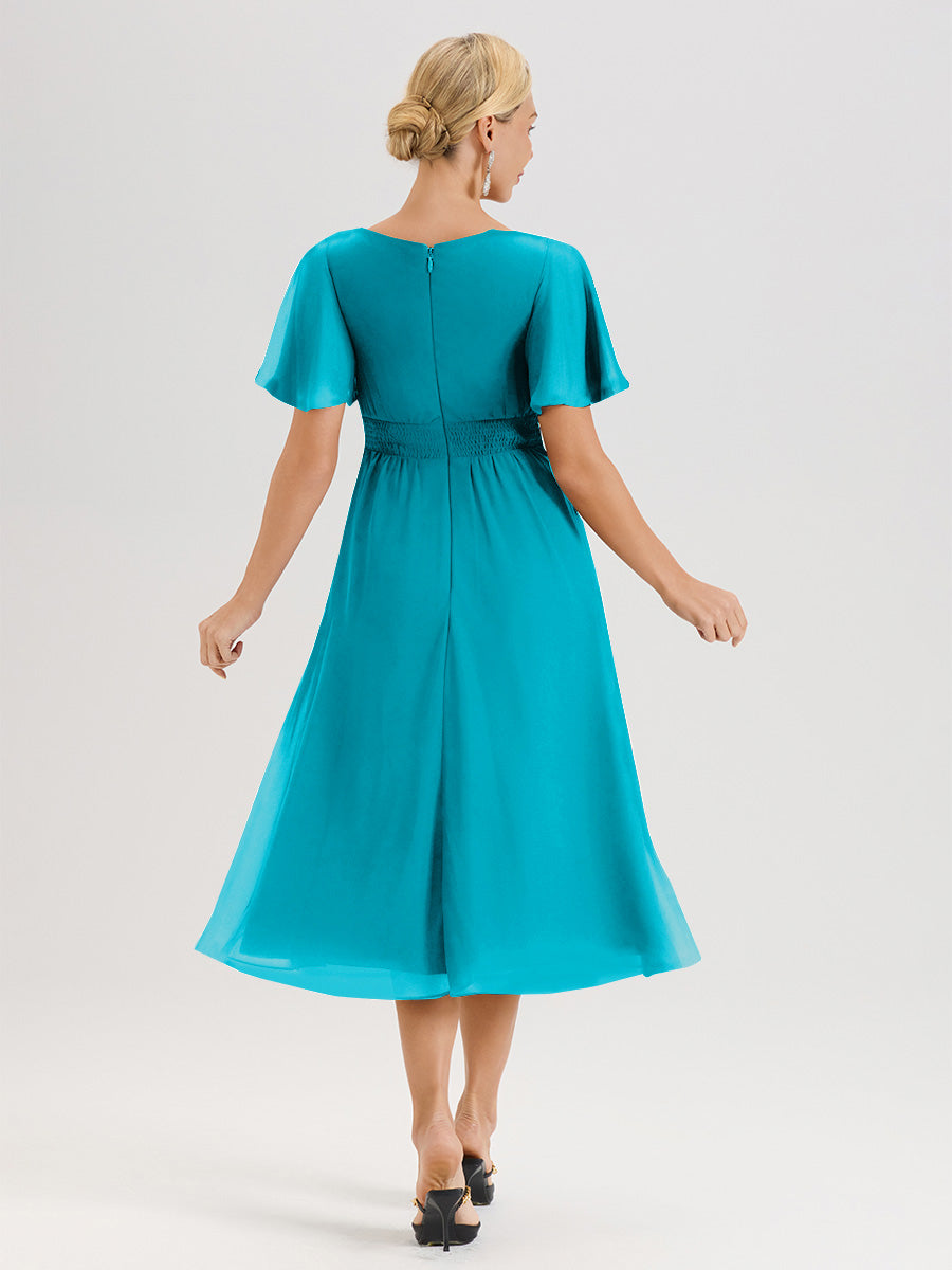 Cicinia Robe Mère De La Mariée Vert Jade En Mousseline Avec Encolure Irrégulière Manches Courtes Longueur Mi-Mollet