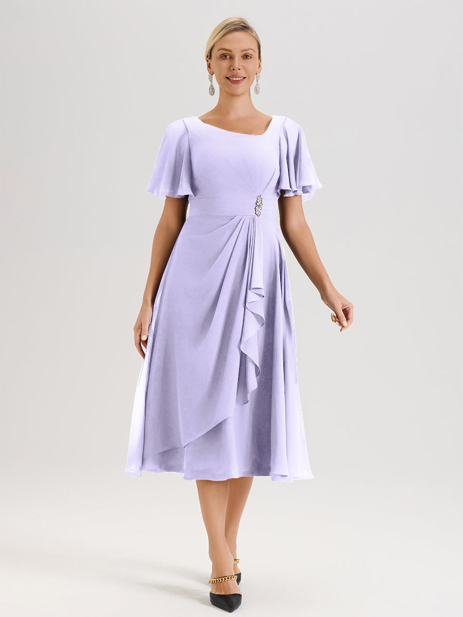 Cicinia Robe Mère De La Mariée Lilas En Mousseline Avec Encolure Irrégulière Manches Courtes Longueur Mi-Mollet
