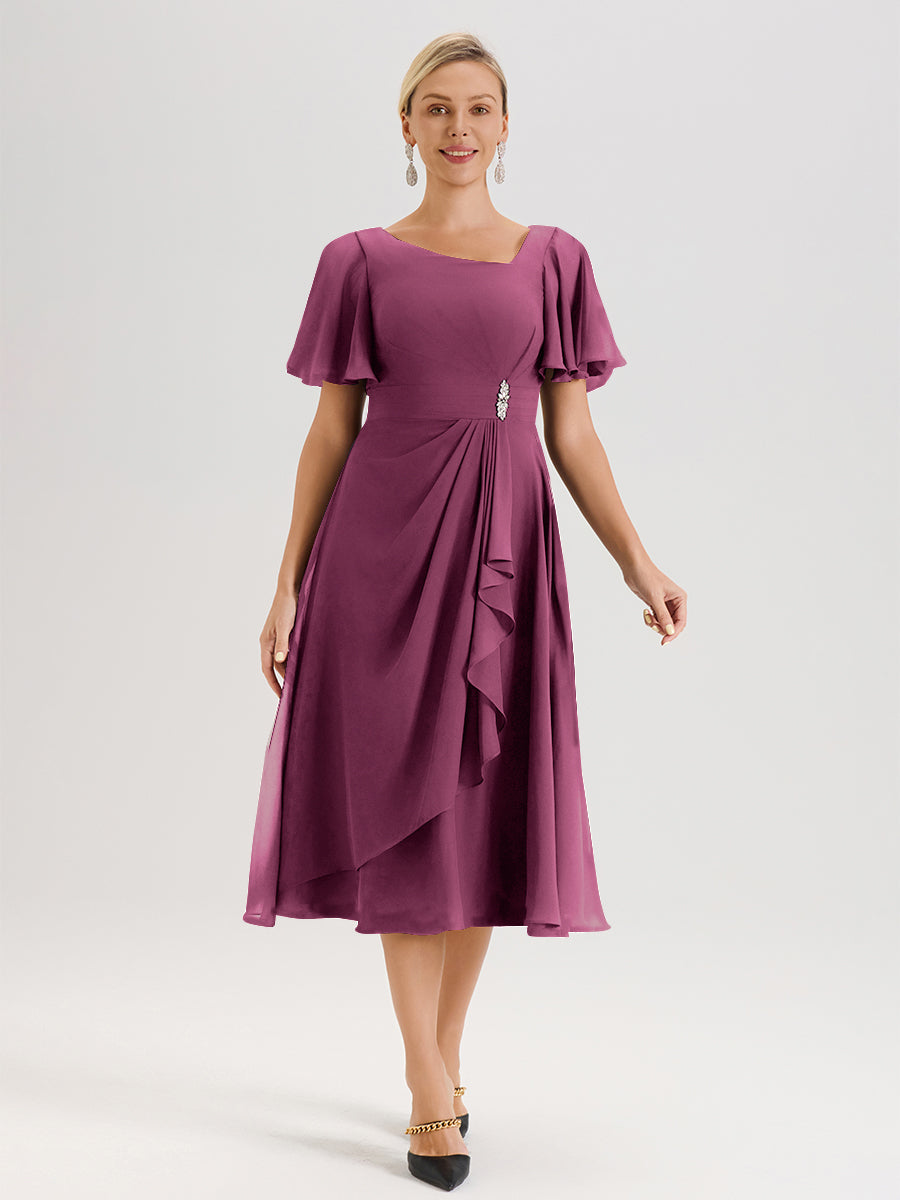 Cicinia Robe Mère De La Mariée Mûre En Mousseline Avec Encolure Irrégulière Manches Courtes Longueur Mi-Mollet