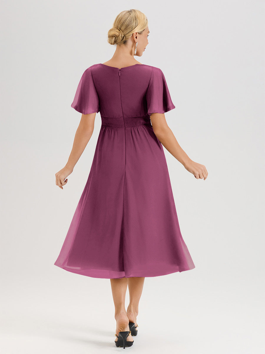 Cicinia Robe Mère De La Mariée Mûre En Mousseline Avec Encolure Irrégulière Manches Courtes Longueur Mi-Mollet