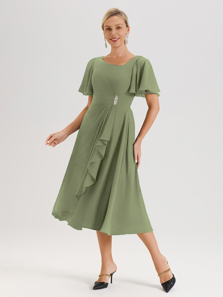 Cicinia Robe Mère De La Mariée Olive En Mousseline Avec Encolure Irrégulière Manches Courtes Longueur Mi-Mollet