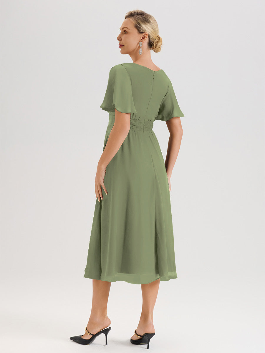 Cicinia Robe Mère De La Mariée Olive En Mousseline Avec Encolure Irrégulière Manches Courtes Longueur Mi-Mollet