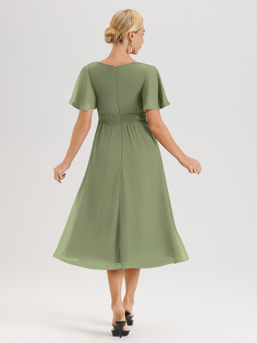 Cicinia Robe Mère De La Mariée Olive En Mousseline Avec Encolure Irrégulière Manches Courtes Longueur Mi-Mollet