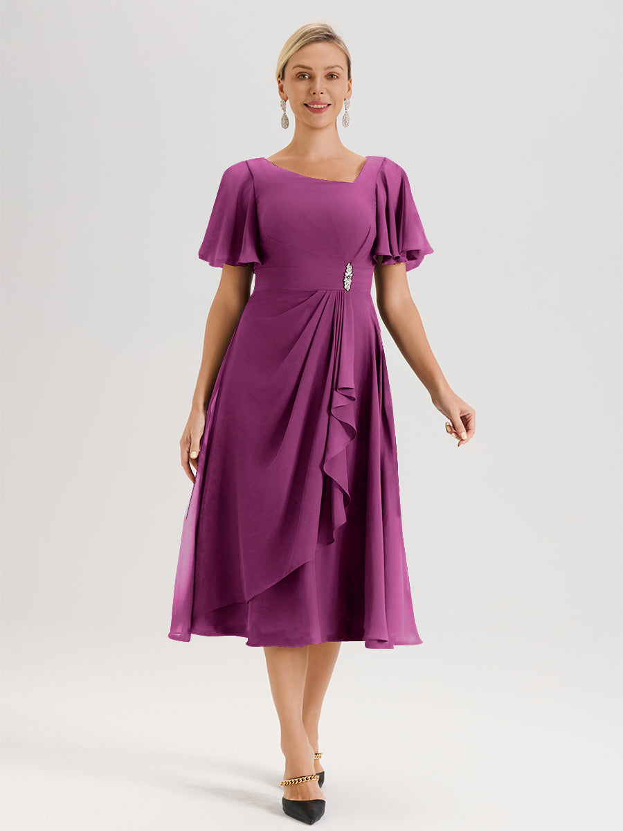 Cicinia Robe Mère De La Mariée Orchidée En Mousseline Avec Encolure Irrégulière Manches Courtes Longueur Mi-Mollet
