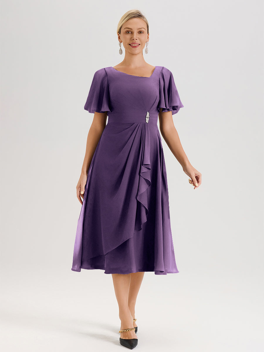 Cicinia Robe Mère De La Mariée En Plum En Mousseline Avec Encolure Irrégulière Manches Courtes Longueur Mi-Mollet