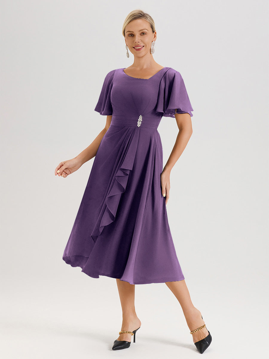 Cicinia Robe Mère De La Mariée En Plum En Mousseline Avec Encolure Irrégulière Manches Courtes Longueur Mi-Mollet