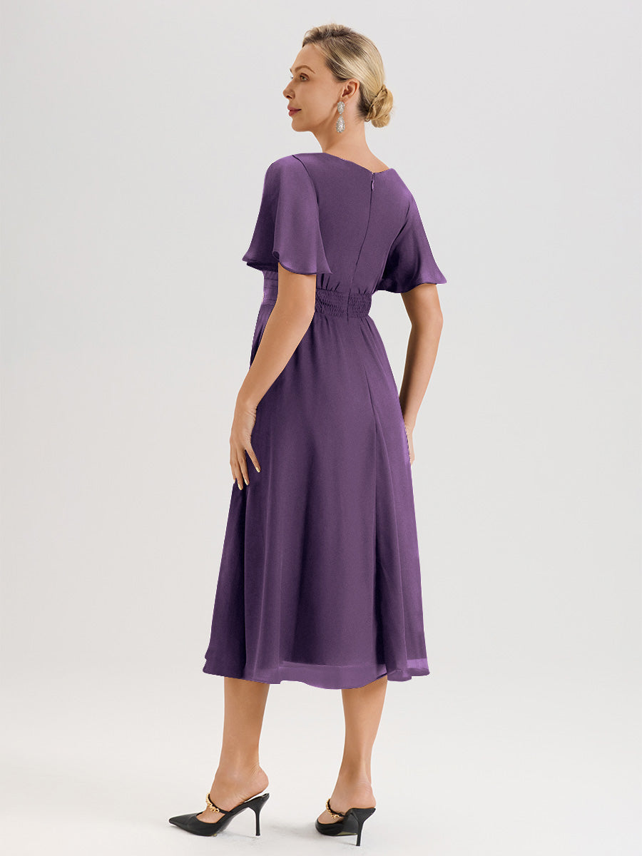 Cicinia Robe Mère De La Mariée En Plum En Mousseline Avec Encolure Irrégulière Manches Courtes Longueur Mi-Mollet
