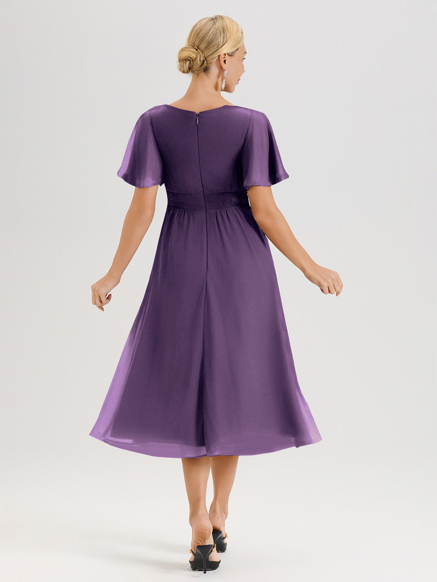 Cicinia Robe Mère De La Mariée En Plum En Mousseline Avec Encolure Irrégulière Manches Courtes Longueur Mi-Mollet