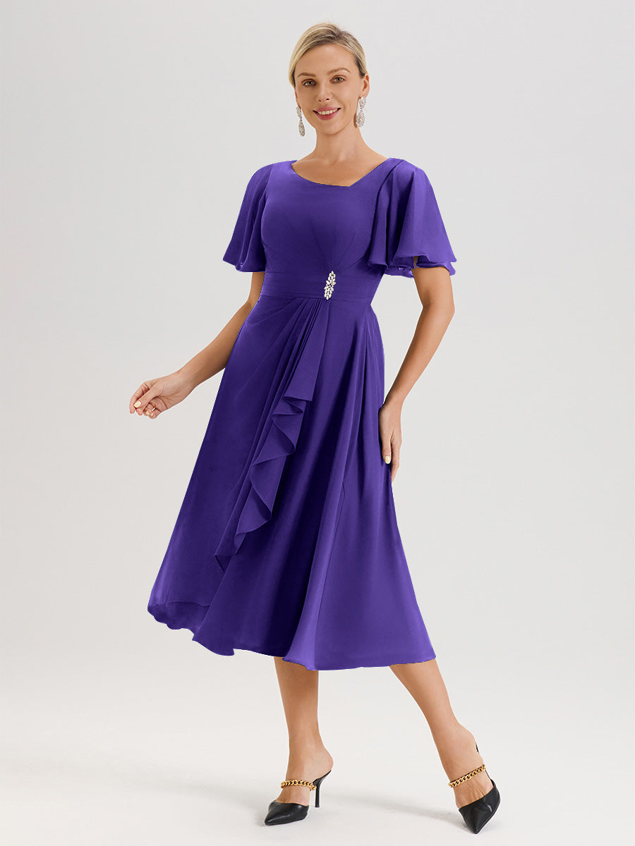 Cicinia Robe Mère De La Mariée En Régence En Mousseline Avec Encolure Irrégulière Manches Courtes Longueur Mi-Mollet