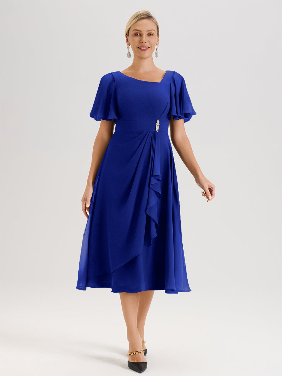 Cicinia Robe Mère De La Mariée Bleu Royal En Mousseline Avec Encolure Irrégulière Manches Courtes Longueur Mi-Mollet