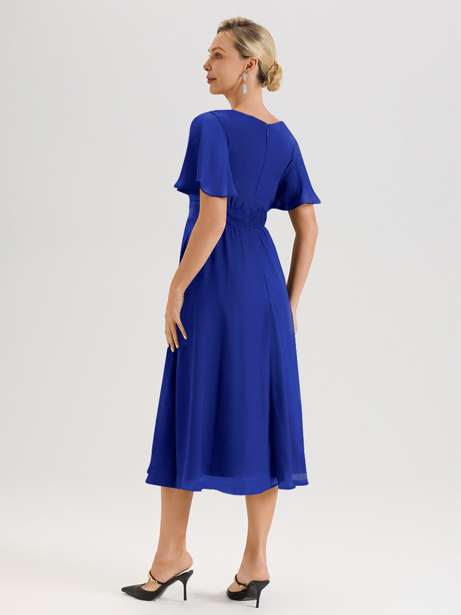 Cicinia Robe Mère De La Mariée Bleu Royal En Mousseline Avec Encolure Irrégulière Manches Courtes Longueur Mi-Mollet