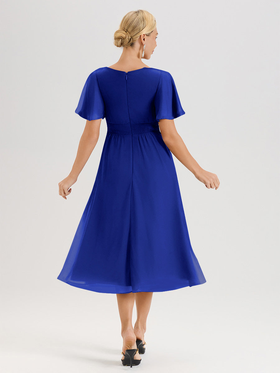 Cicinia Robe Mère De La Mariée Bleu Royal En Mousseline Avec Encolure Irrégulière Manches Courtes Longueur Mi-Mollet