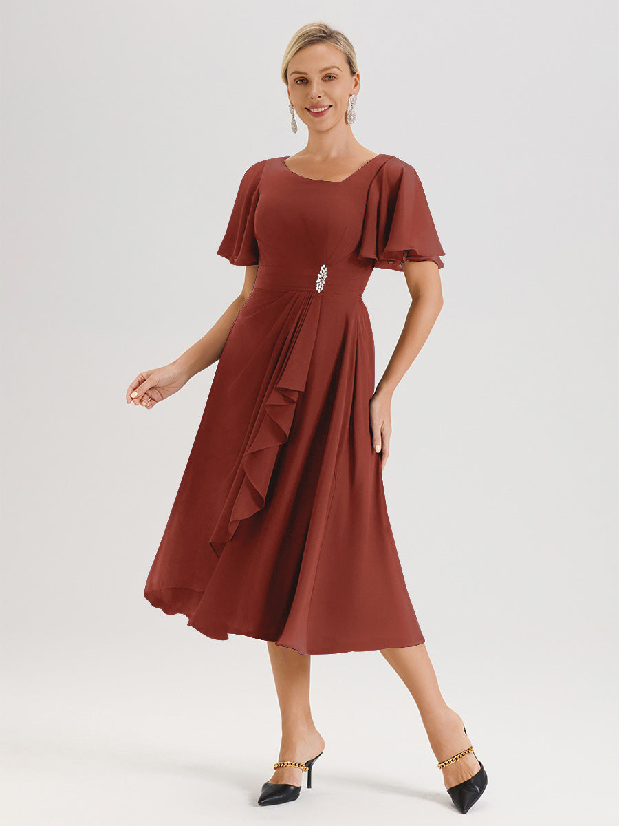 Cicinia Robe Mère De La Mariée Couleur Rouille En Mousseline Avec Encolure Irrégulière Manches Courtes Longueur Mi-Mollet