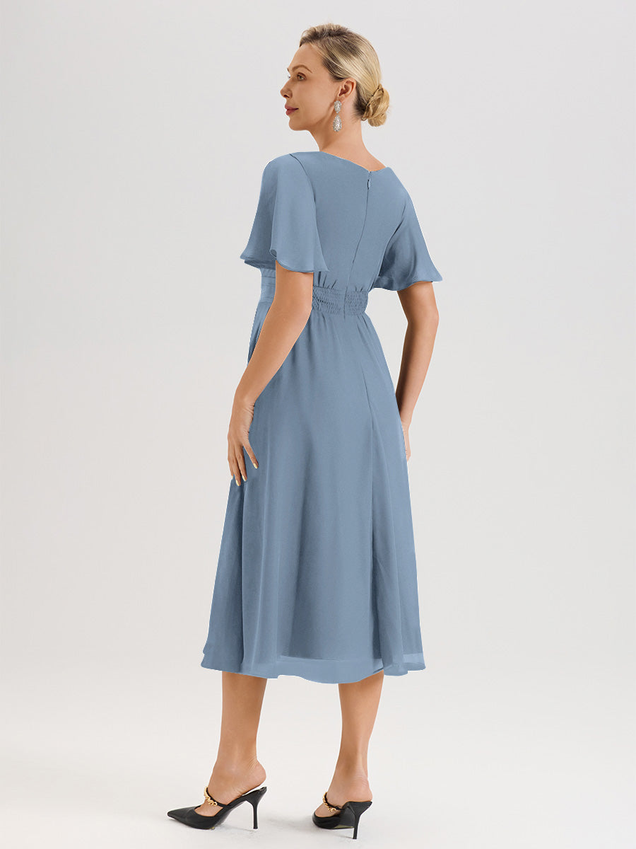Cicinia Robe Mère De La Mariée Bleu De Schiste En Mousseline Avec Encolure Irrégulière Manches Courtes Longueur Mi-Mollet