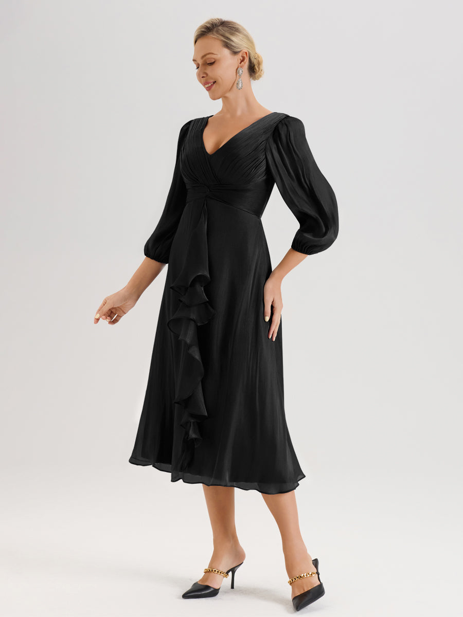 Cicinia Noir Robe Mère De La Mariée Décolleté En V Manches Trois-Quarts Longueur Mi-Mollet