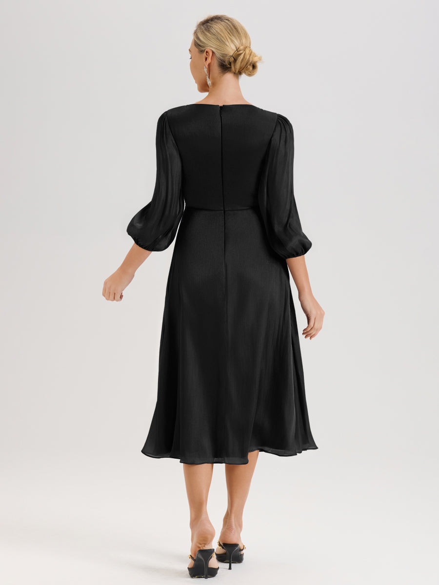 Cicinia Noir Robe Mère De La Mariée Décolleté En V Manches Trois-Quarts Longueur Mi-Mollet