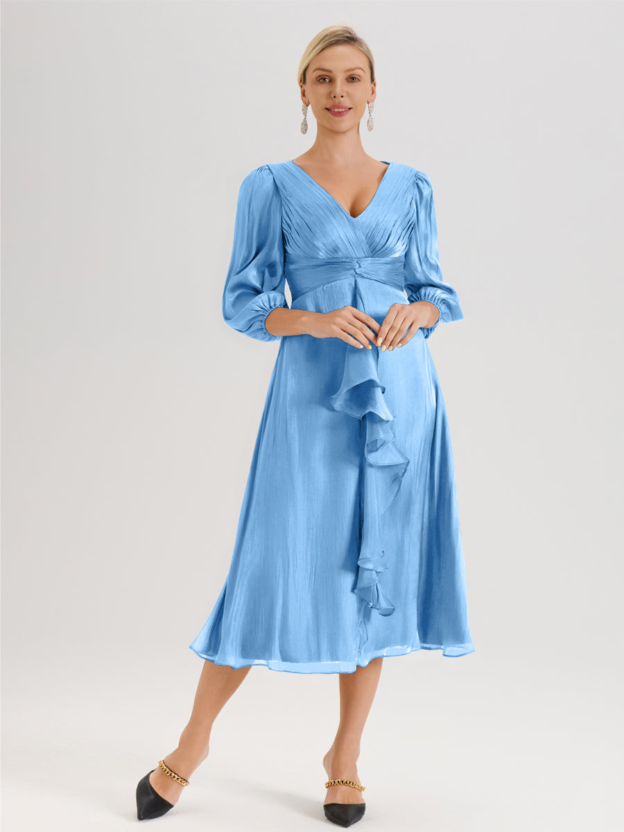 Cicinia Bleu Robe Mère De La Mariée Décolleté En V Manches Trois-Quarts Longueur Mi-Mollet