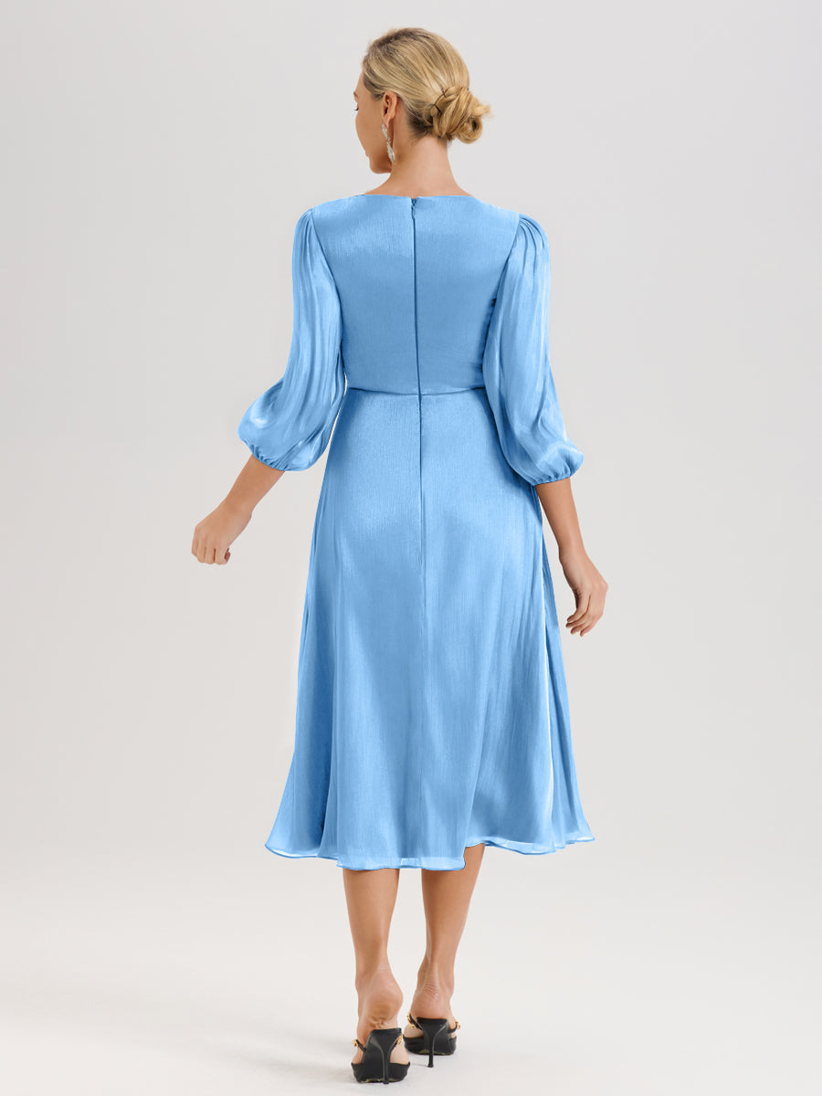 Cicinia Bleu Robe Mère De La Mariée Décolleté En V Manches Trois-Quarts Longueur Mi-Mollet