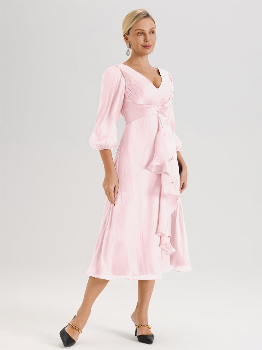 Cicinia Rose Pâle Robe Mère De La Mariée Décolleté En V Manches Trois-Quarts Longueur Mi-Mollet