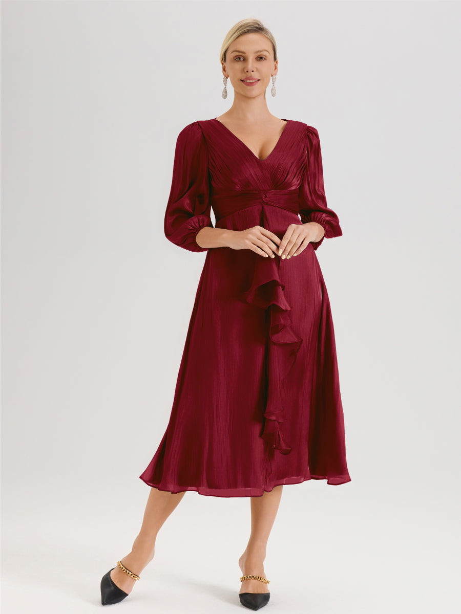 Cicinia Bordeaux Robe Mère De La Mariée Décolleté En V Manches Trois-Quarts Longueur Mi-Mollet