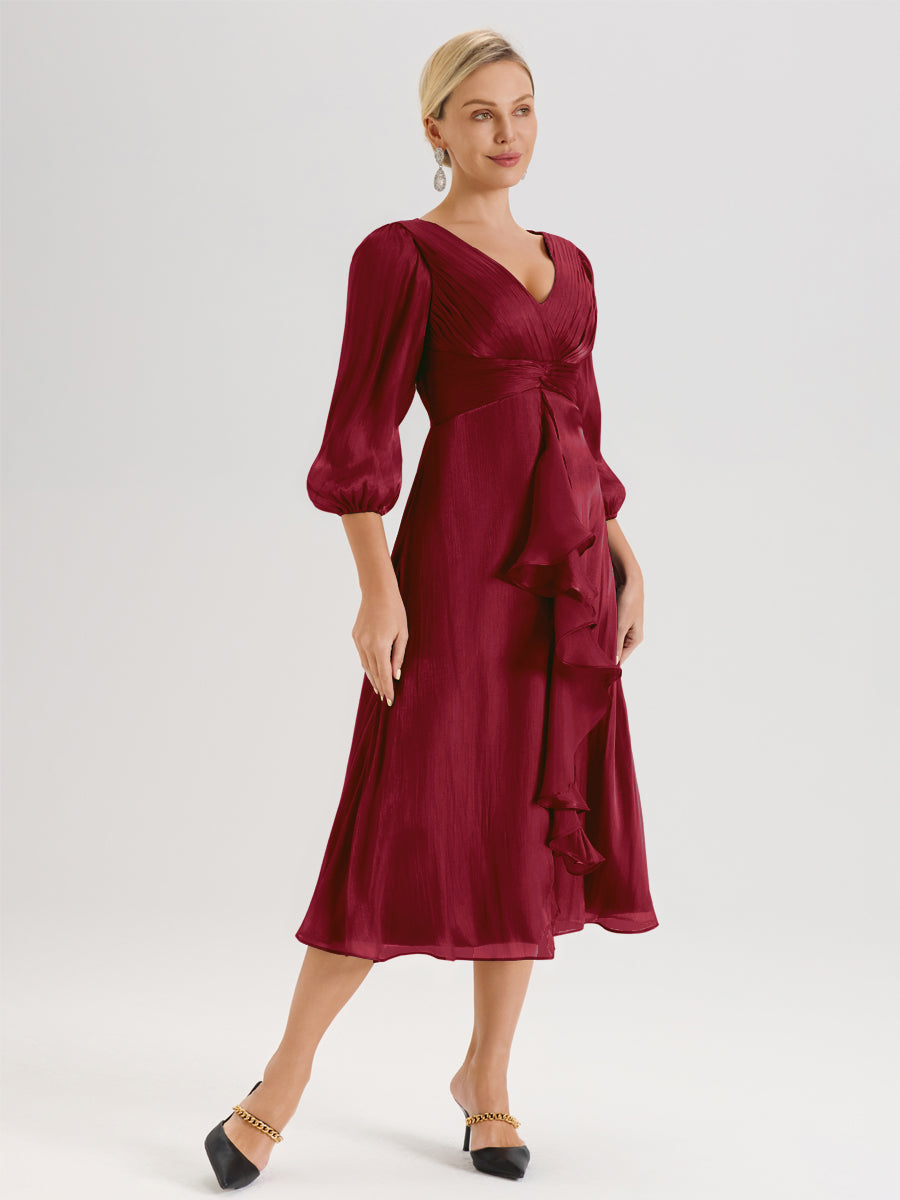Cicinia Bordeaux Robe Mère De La Mariée Décolleté En V Manches Trois-Quarts Longueur Mi-Mollet