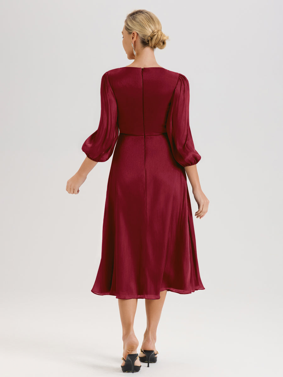 Cicinia Bordeaux Robe Mère De La Mariée Décolleté En V Manches Trois-Quarts Longueur Mi-Mollet