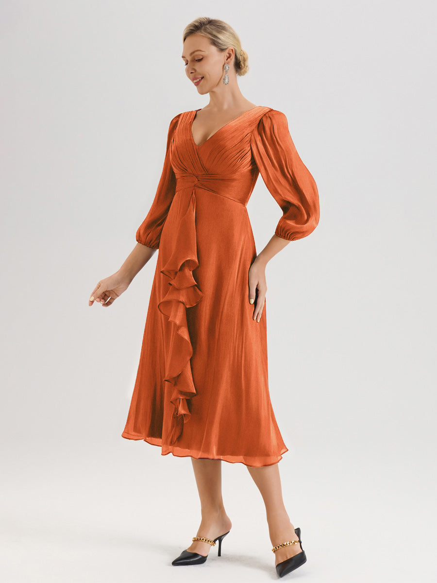Cicinia Orange brûlé Robe Mère De La Mariée Décolleté En V Manches Trois-Quarts Longueur Mi-Mollet