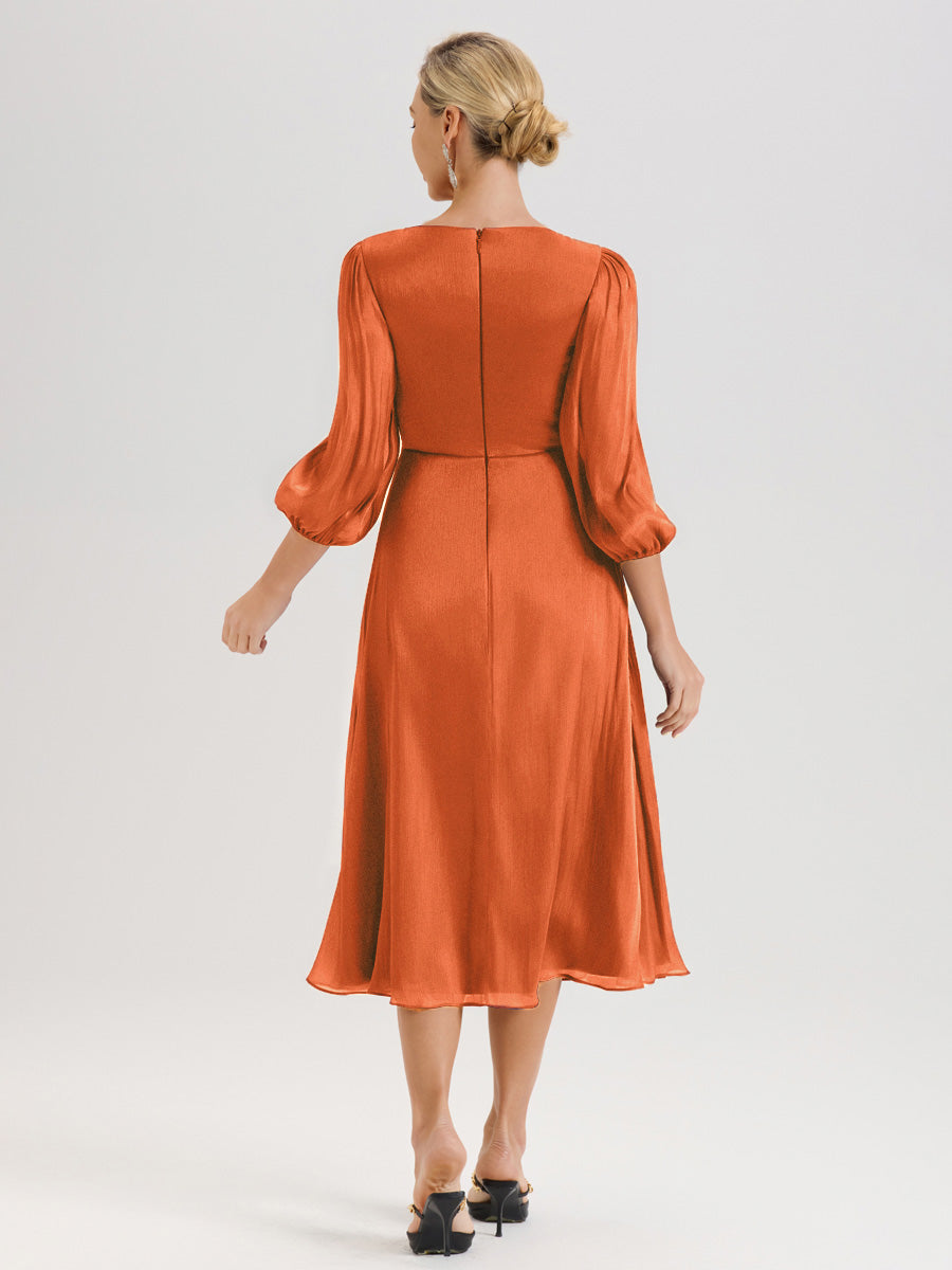 Cicinia Orange brûlé Robe Mère De La Mariée Décolleté En V Manches Trois-Quarts Longueur Mi-Mollet