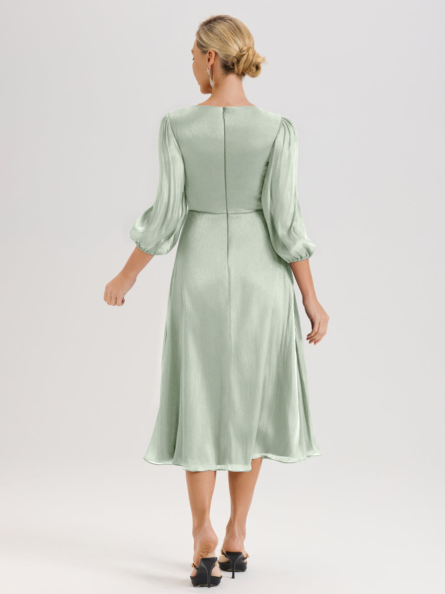 Cicinia Celadon Robe Mère De La Mariée Décolleté En V Manches Trois-Quarts Longueur Mi-Mollet