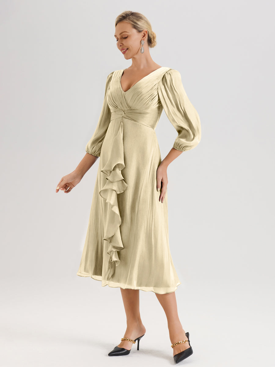 Cicinia Champagne Robe Mère De La Mariée Décolleté En V Manches Trois-Quarts Longueur Mi-Mollet