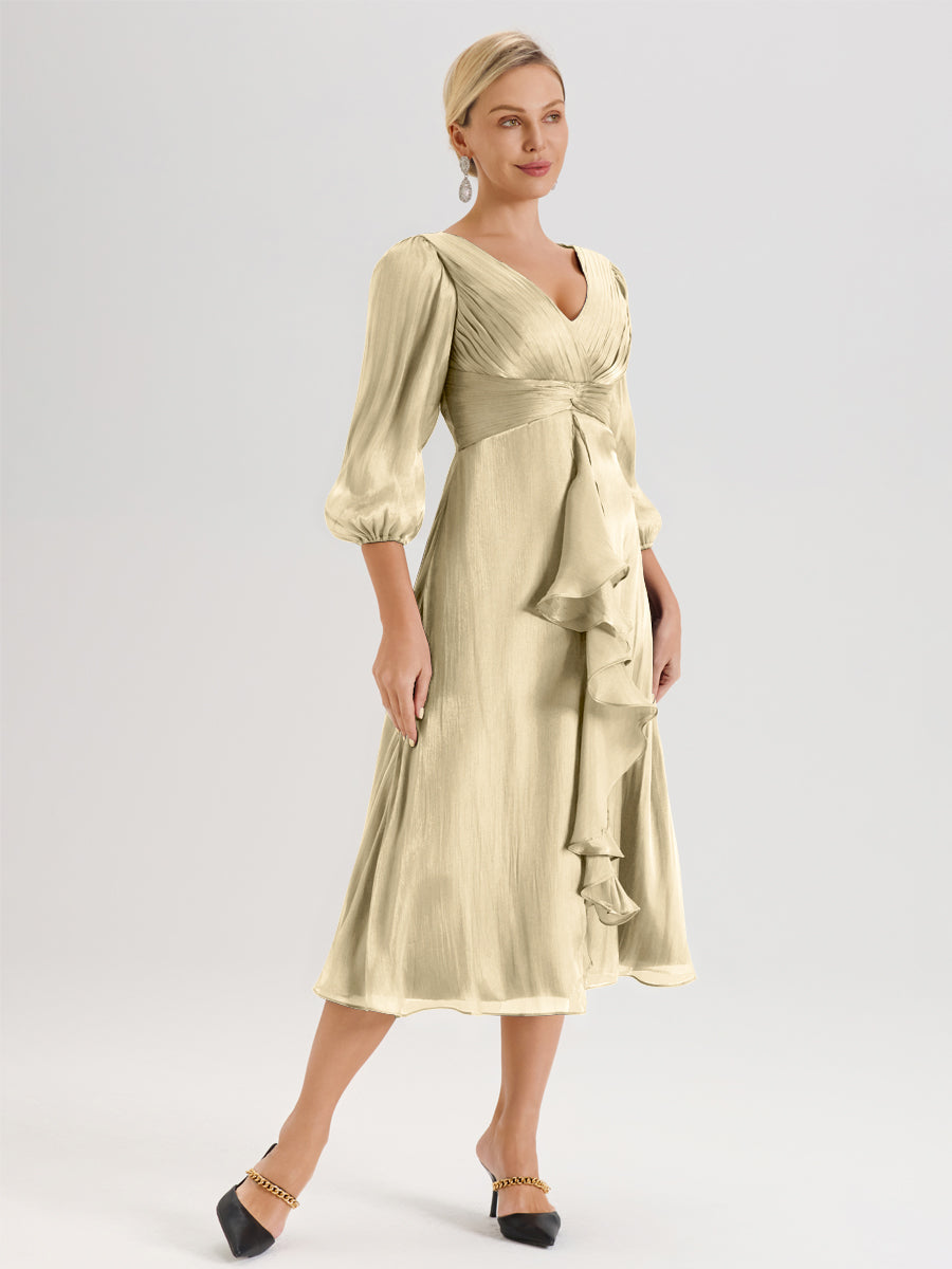 Cicinia Champagne Robe Mère De La Mariée Décolleté En V Manches Trois-Quarts Longueur Mi-Mollet