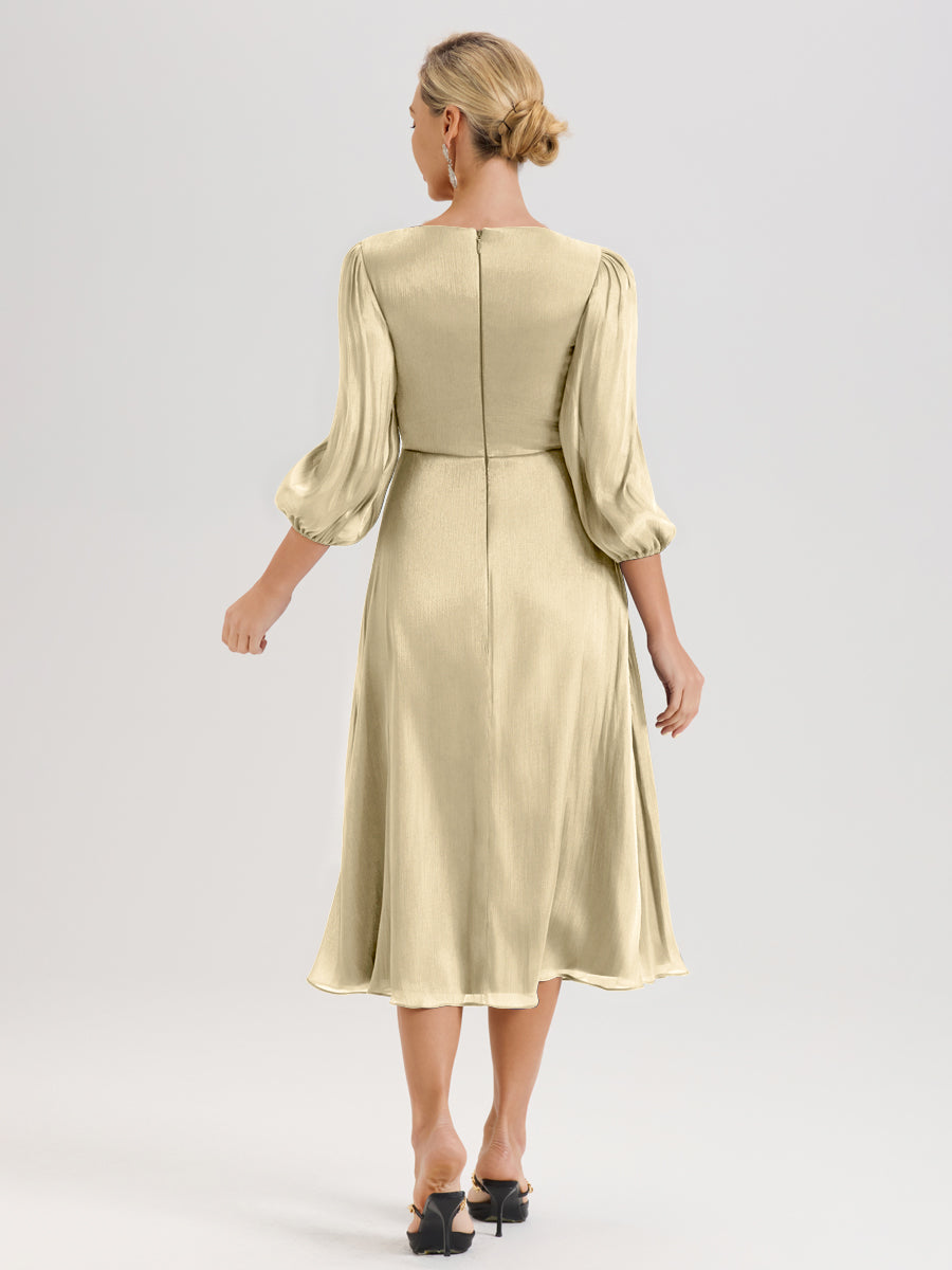 Cicinia Champagne Robe Mère De La Mariée Décolleté En V Manches Trois-Quarts Longueur Mi-Mollet
