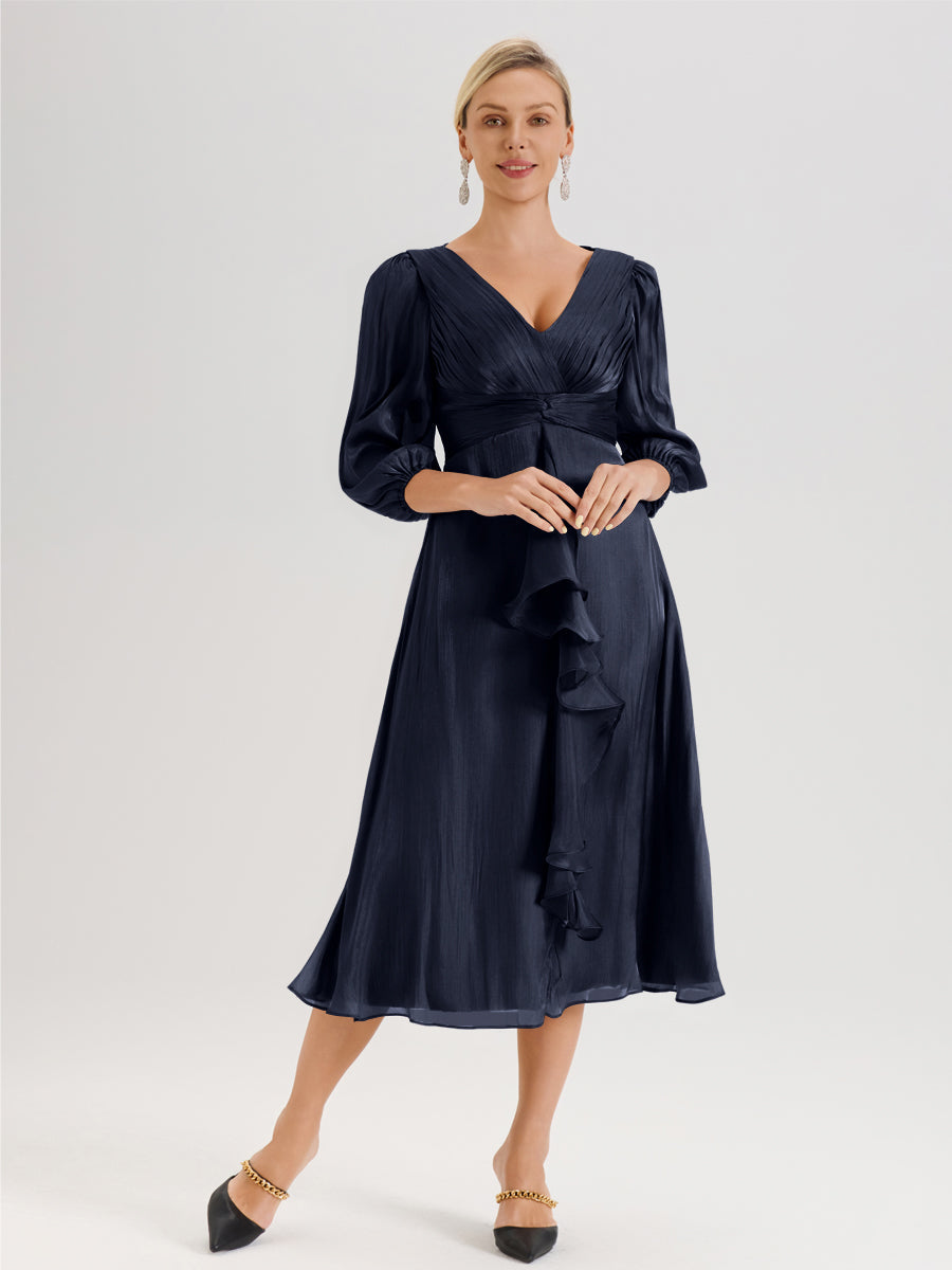 Cicinia Bleu Marine Robe Mère De La Mariée Longueur Mi-Mollet Décolleté En V Manches Trois-Quarts Longueur