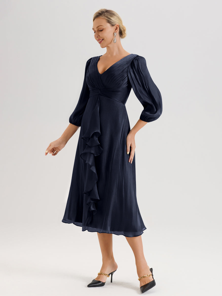 Cicinia Bleu Marine Robe Mère De La Mariée Longueur Mi-Mollet Décolleté En V Manches Trois-Quarts Longueur