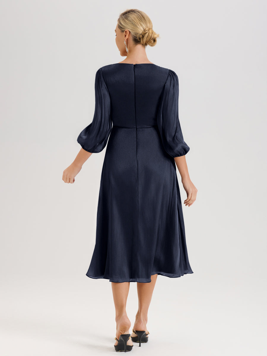 Cicinia Bleu Marine Robe Mère De La Mariée Longueur Mi-Mollet Décolleté En V Manches Trois-Quarts Longueur