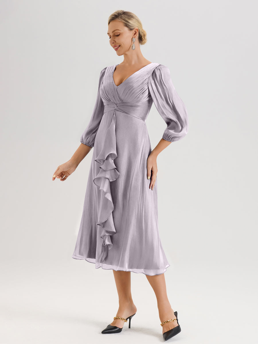 Cicinia Crépuscule Robe Mère De La Mariée Décolleté En V Manches Trois-Quarts Longueur Mi-Mollet