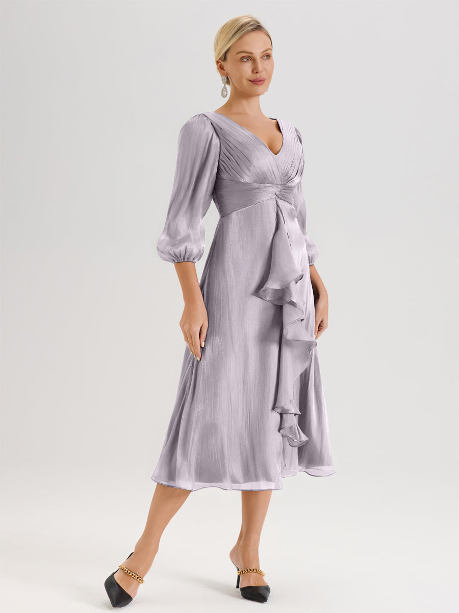 Cicinia Crépuscule Robe Mère De La Mariée Décolleté En V Manches Trois-Quarts Longueur Mi-Mollet