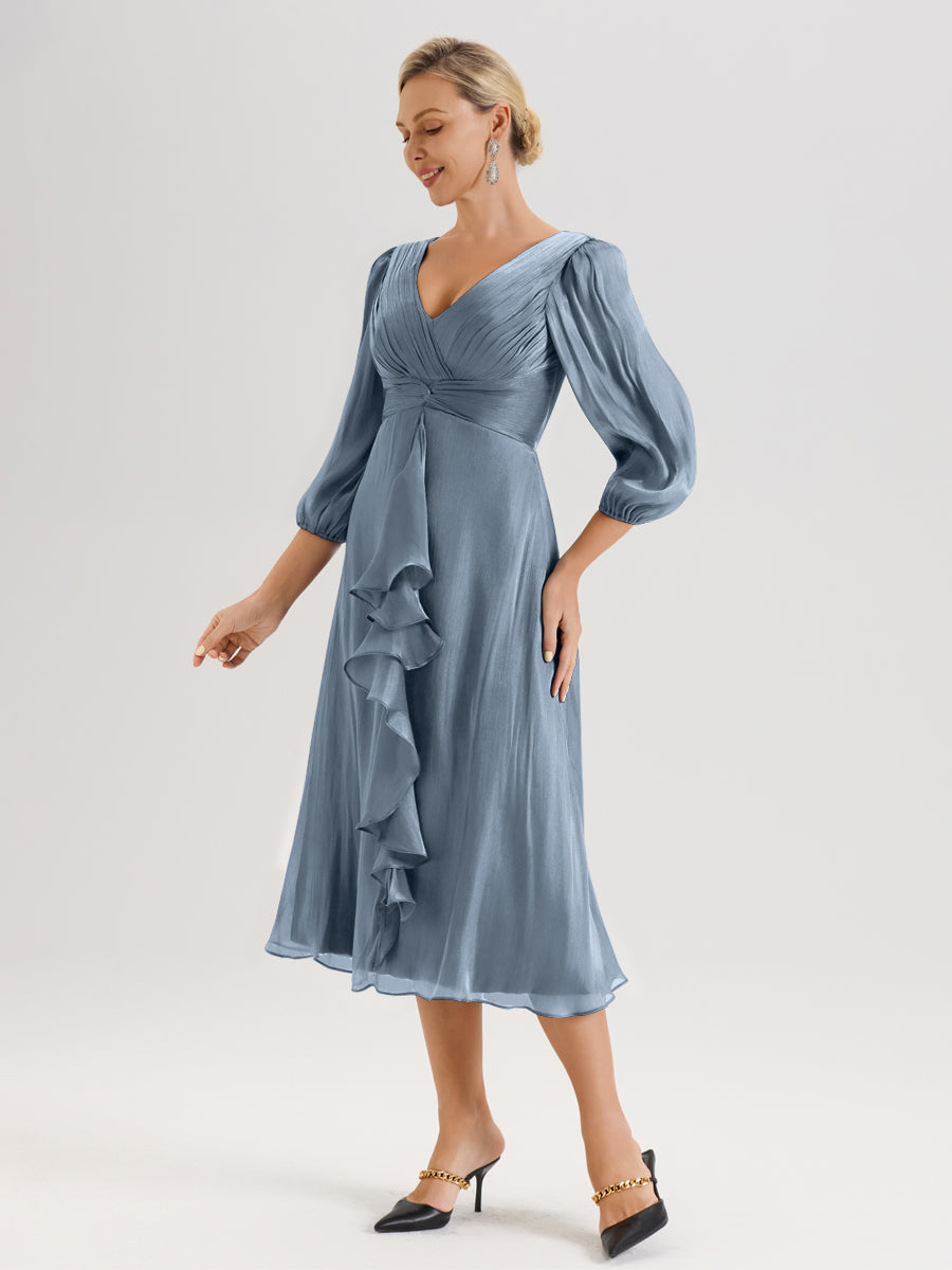 Cicinia Bleu Poudré Robe Mère De La Mariée Décolleté En V Manches Trois-Quarts Longueur Mi-Mollet